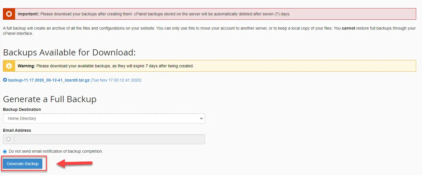 cPanel Backup
