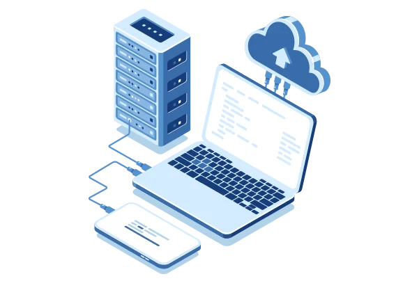 Laptop connected to cloud hosting servers
